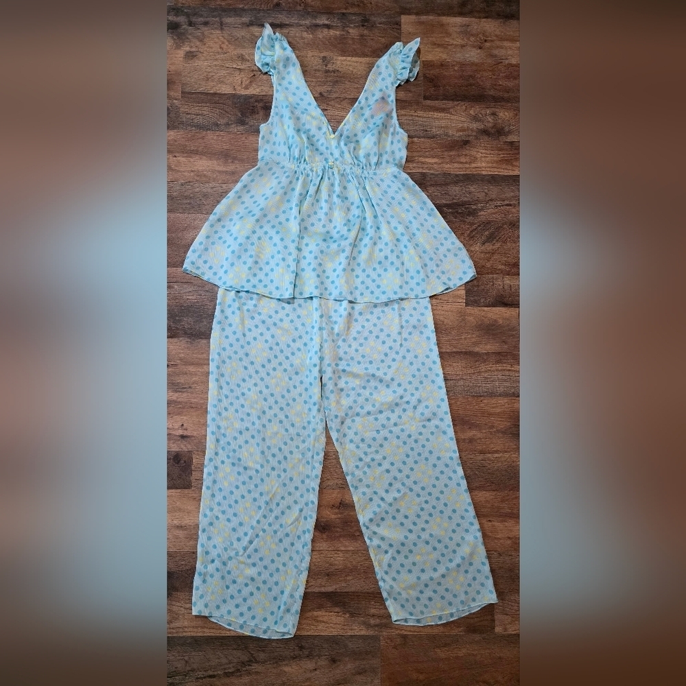 Vintage 90's Betsy Johnson Intimates Blue & Yellow Polka Dot 2-Piece Set Size L - Picture 1 of 9